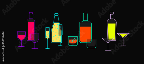 Set of illustrations of alcoholic beverages for presentation in the bar menu, print, banner, card, background. Vector graphics of martini, bottles of champagne, whiskey, cocktail, wine in a glass.