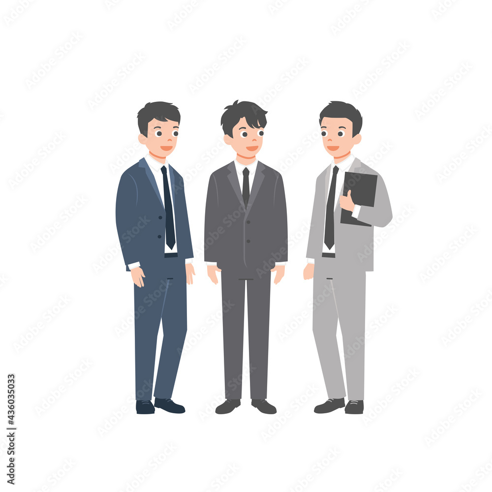 Business asian team. Vector illustration of diverse cartoon men in office outfits. Isolated on white background. Colorful vector illustration in flat style
