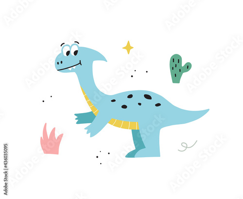 Cute hand drawn dinosaur. Funny cartoon dino. Vector kids illustration.