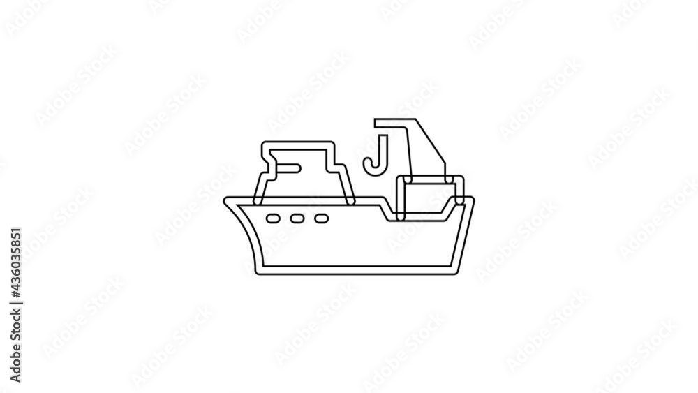 Black line Fishing boat icon isolated on white background. Fishing trawler. 4K Video motion graphic animation Black line Fishing boat icon isolated on white background. Fishing trawler. 4K Video motion graphic animation