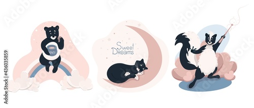 Set of cliparts with cute animals, skunks with a magic wand, cat sleeping on the moon, bear sitting on a rainbow and eating honey, cute baby vector illustration in flat style, horizontal position.