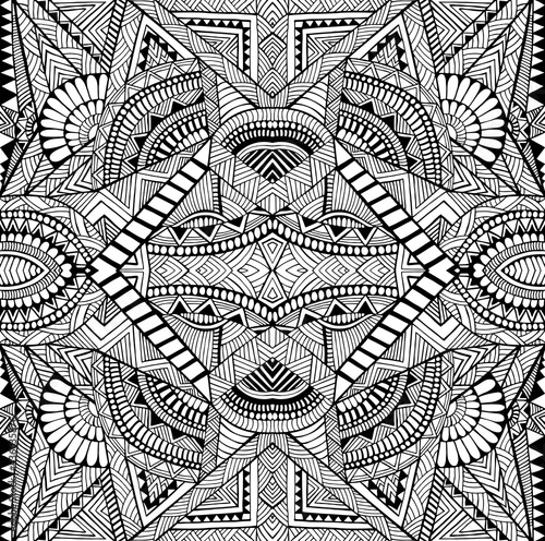Coloring page abstract pattern with maze of ornaments. Psychedelic stylish card with black and white amazing mandala.
