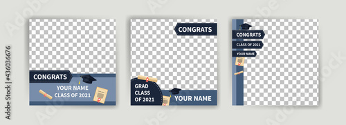 Photo booth props frame for graduation party. Selfie concept. Frame with hats for graduates. Congratulate graduate quotes.