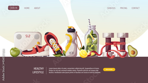 Healthy lifestyle, natural food, motivation, sport equipment, fitness, training, sportswear, sporting goods store, workout concept. Vector illustration for poster, banner, website, advertising.