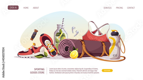 Healthy lifestyle, natural food, motivation, sport equipment, fitness, training, sportswear, sporting goods store, workout concept. Vector illustration for poster, banner, website, advertising.