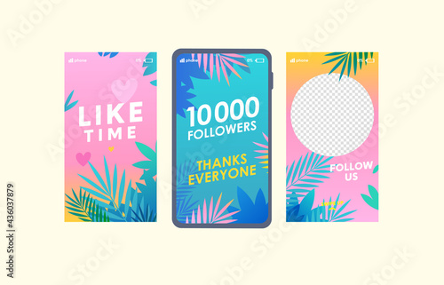 Trendy Follow us social media stories templates set. Like time, 10k followers congratulation social network, promotional. SMM, Internet advertisement for stories, streaming, personal blog, shop cover.