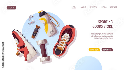 Sneakers, dumbbell, bottle, earphones, sports watch. Sport, fitness, training, sportswear, sport equioment, workout concept. Vector illustration for poster, banner, website, advertising.