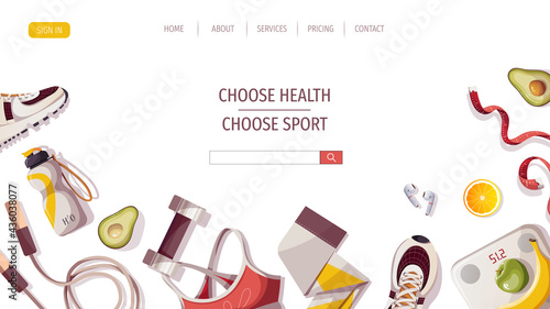 Healthy lifestyle, natural food, motivation, sport equipment, fitness, training, sportswear, sporting goods store, workout concept. Vector illustration for poster, banner, website, advertising.