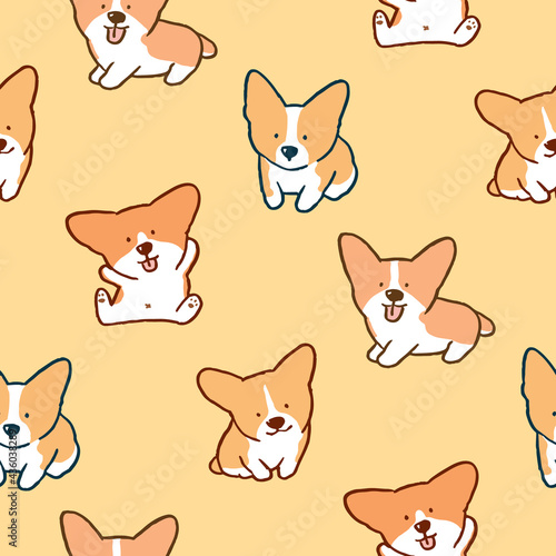Seamless Pattern of Cute Cartoon Corgi Dog Design on Yellow Background