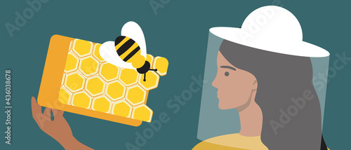 Beekeeper with honeycomb in hand, Flat vector stock illustration with Woman beekeeper with bee and honeycomb with honey