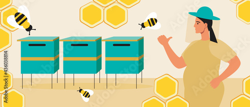 Woman beekeeper on a beekeeper, flat vector stock illustration with bee house with honeycombs for honey production