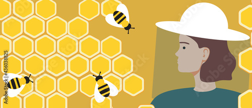 Woman in bee mask with honeycomb, copy space template, flat vector stock illustration with beekeeper with place for text