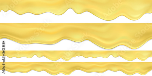 Set of realistic vector seamless melted cheese or cheese fondue.Flowing down liquid cheese horizontal border.Realistic Butter Or Cheese Cream Drops Or Waves.