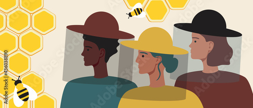 Women beekeepers, Flat vector stock illustration with People with bees in a bee or Women behind bees as biodiversity conservation