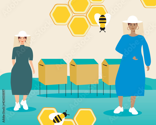 Women for bees, green business, flat vector stock illustration with people in an apiary or bee farm for natural honey