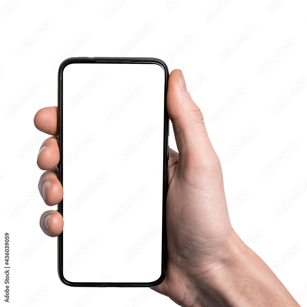 Mock up, mockup.Man hand holding the black smartphone with frame less blank screen and modern frameless design,vertical - isolated on white background.Clipping path.UI design interface Mock up, mockup.Man hand holding the black smartphone with frame less blank screen and modern frameless design,vertical - isolated on white background.Clipping path.UI design interface
