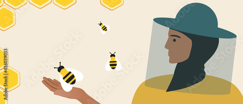 Beekeeper with bee, copy space template, flat vector stock illustration with honeycomb with honey and insects as a template for design