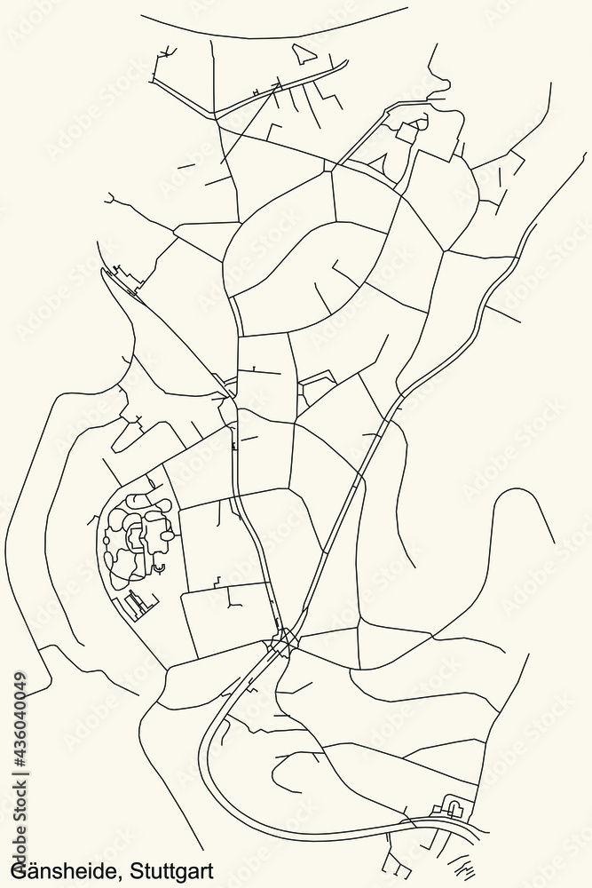 Black simple detailed street roads map on vintage beige background of the quarter Gänsheide of district Ost of Stuttgart, Germany
