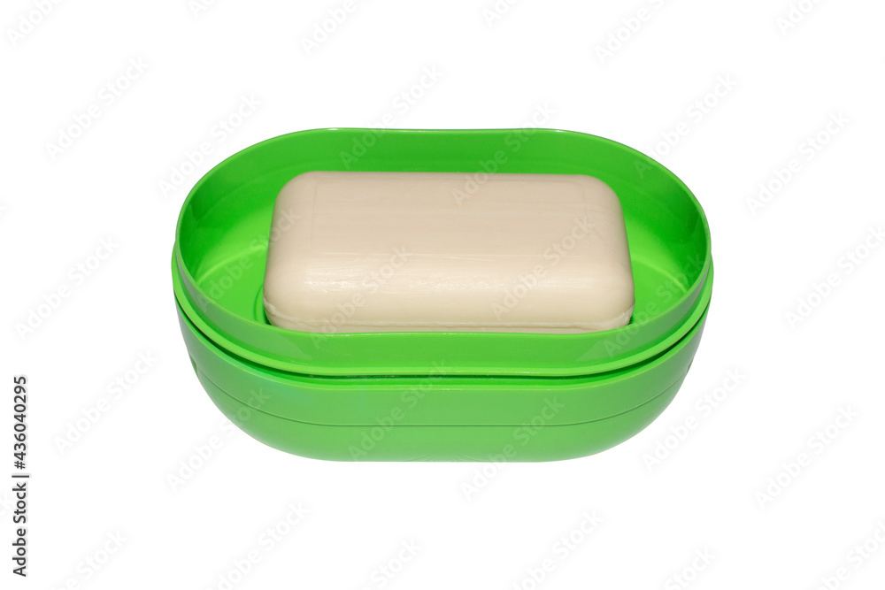 Soap dish with soap isolated on a white background.Soap in a plastic soap dish top view. Soap dish with soap isolated on a white background.Soap in a plastic soap dish top view.
