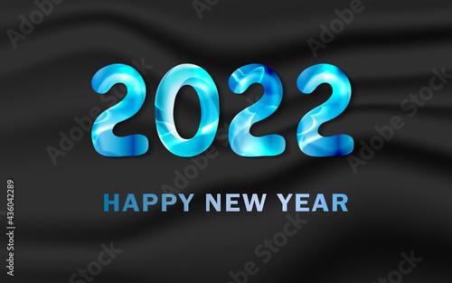 3D ice blue 2022 holiday decoration on grey background. Merry Christmas or happy new year design. Greeting vector card, banner, celebration concept with metallic bl ue text. Invitation mock up