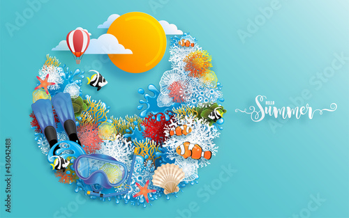 Fototapeta Naklejka Na Ścianę i Meble -  Summer time holiday vector design with beach,colorful tropical flowers heliconia rostrata,fruit,sea,nature,summer drink,under the sea,coral,flamingo,sun,sand,cocktail, paper cut style on background.