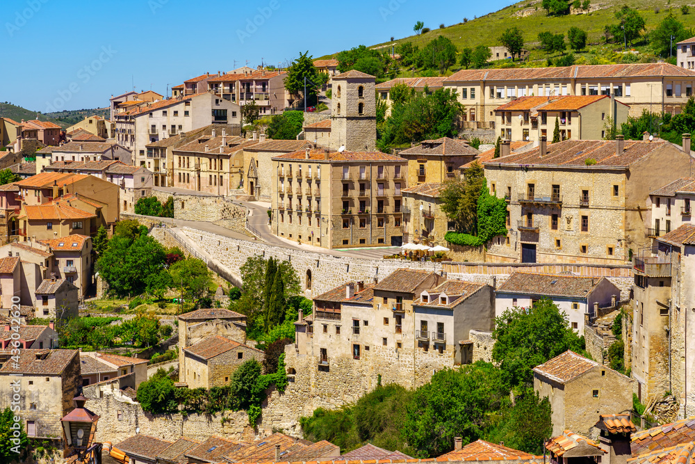 Aerial view of medieval town with its old houses on the mountainside. Sepulveda Segovia.