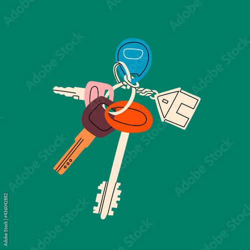 Keys with Keychains. Keyholder and keyring. Modern keys with pendants. Hand drawn Vector illustration. Home rental, property, real estate concept. Print or poster template