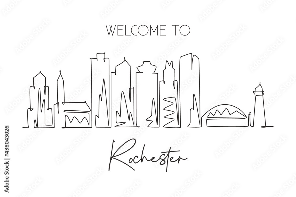 Fototapeta premium One single line drawing visit Rochester city skyline, New York State. World beauty town landscape art. Best holiday destination. Editable stroke trendy continuous line draw design vector illustration
