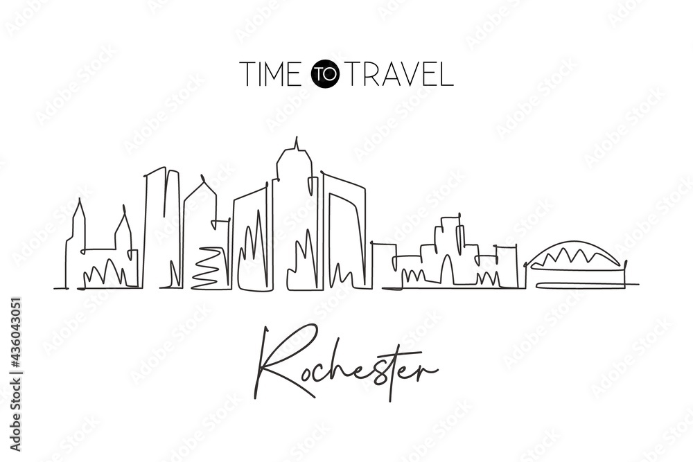 One continuous line drawing Rochester city skyline, New York State. Beautiful landmark. World landscape tourism travel wall decor poster, postcard. Stylish single line draw design vector illustration