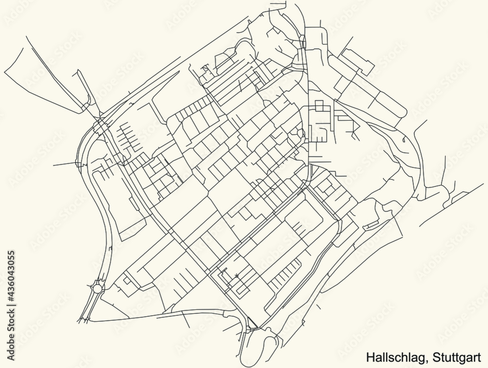 Black simple detailed street roads map on vintage beige background of the quarter Hallschlag of district Bad Cannstatt of Stuttgart, Germany