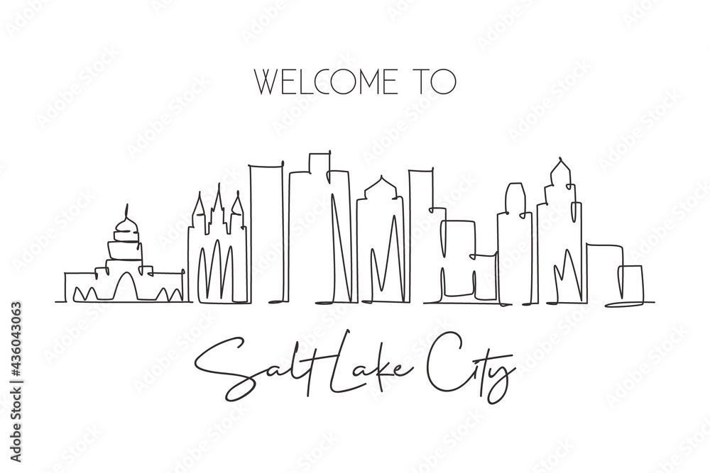 Fototapeta premium One single line drawing visit Salt Lake City skyline, Utah. World beauty town landscape art. Best holiday destination postcard. Editable stroke trendy continuous line draw design vector illustration