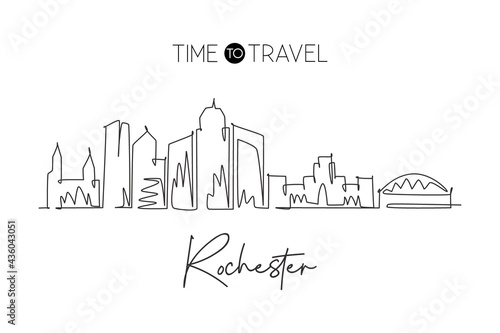 One continuous line drawing Rochester city skyline  New York State. Beautiful landmark. World landscape tourism travel wall decor poster  postcard. Stylish single line draw design vector illustration