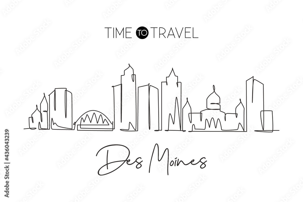 Single continuous line drawing of Des Moines city skyline, Iowa. Famous city scraper landscape. World travel home wall decor art poster print concept. Modern one line draw design vector illustration