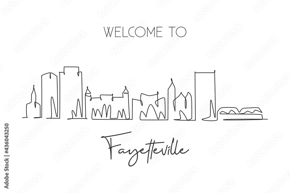 Single continuous line drawing of Fayetteville skyline, North Carolina. Famous city scraper landscape. World travel wall decor art poster print concept. Modern one line draw design vector illustration