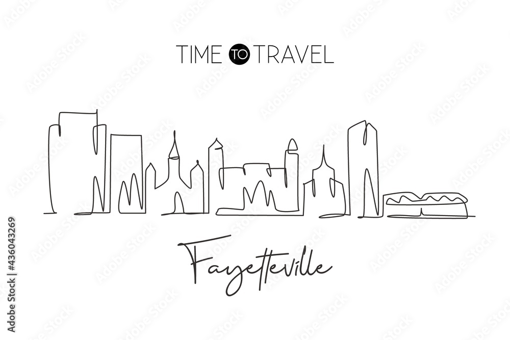 One single line drawing visit Fayetteville city skyline, North Carolina. World beauty town landscape. Best holiday destination. Editable stroke trendy continuous line draw design vector illustration
