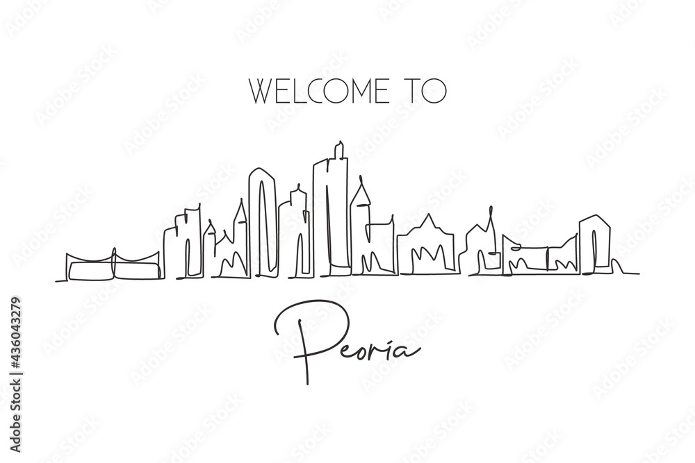 One single line drawing Peoria city skyline, Illinois. World historical town landscape poster. Best holiday destination postcard. Editable stroke trendy continuous line draw design vector illustration