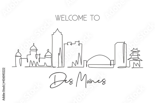 One continuous line drawing of Des Moines city skyline, Iowa. Beautiful landmark. World landscape tourism travel wall decor poster art, postcard. Stylish single line draw design vector illustration photo