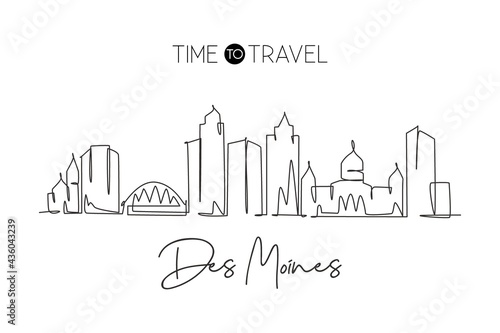 Single continuous line drawing of Des Moines city skyline, Iowa. Famous city scraper landscape. World travel home wall decor art poster print concept. Modern one line draw design vector illustration