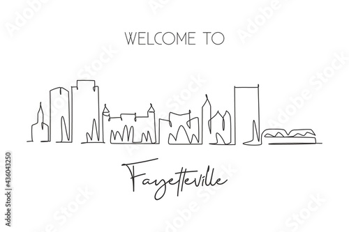 Single continuous line drawing of Fayetteville skyline  North Carolina. Famous city scraper landscape. World travel wall decor art poster print concept. Modern one line draw design vector illustration