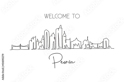 One single line drawing Peoria city skyline, Illinois. World historical town landscape poster. Best holiday destination postcard. Editable stroke trendy continuous line draw design vector illustration