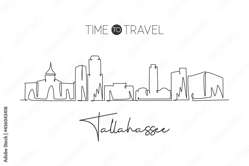Single continuous line drawing of Tallahassee skyline, Florida. Famous city scraper landscape. World travel home wall decor art poster print concept. Modern one line draw design vector illustration Single continuous line drawing of Tallahassee skyline, Florida. Famous city scraper landscape. World travel home wall decor art poster print concept. Modern one line draw design vector illustration
