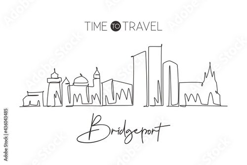 One continuous line drawing Bridgeport city skyline  Connecticut. Beautiful landmark. World landscape tourism travel home wall decor poster print. Stylish single line draw design vector illustration