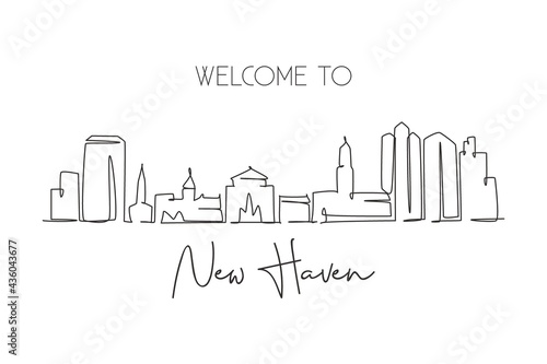 One single line drawing New Haven city skyline, Connecticut. World historical town landscape. Best holiday destination postcard. Editable stroke trendy continuous line draw design vector illustration