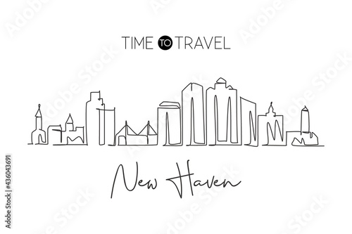 One continuous line drawing of New Haven city skyline, Connecticut. Beautiful landmark. World landscape tourism travel home wall decor poster print. Stylish single line draw design vector illustration