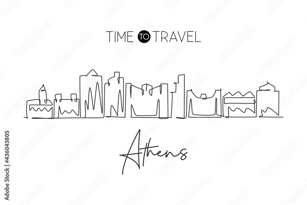 One single line drawing Athens city skyline, Georgia. World historical town landscape. Best holiday destination postcard. Editable stroke trendy continuous line draw design vector graphic illustration One single line drawing Athens city skyline, Georgia. World historical town landscape. Best holiday destination postcard. Editable stroke trendy continuous line draw design vector graphic illustration