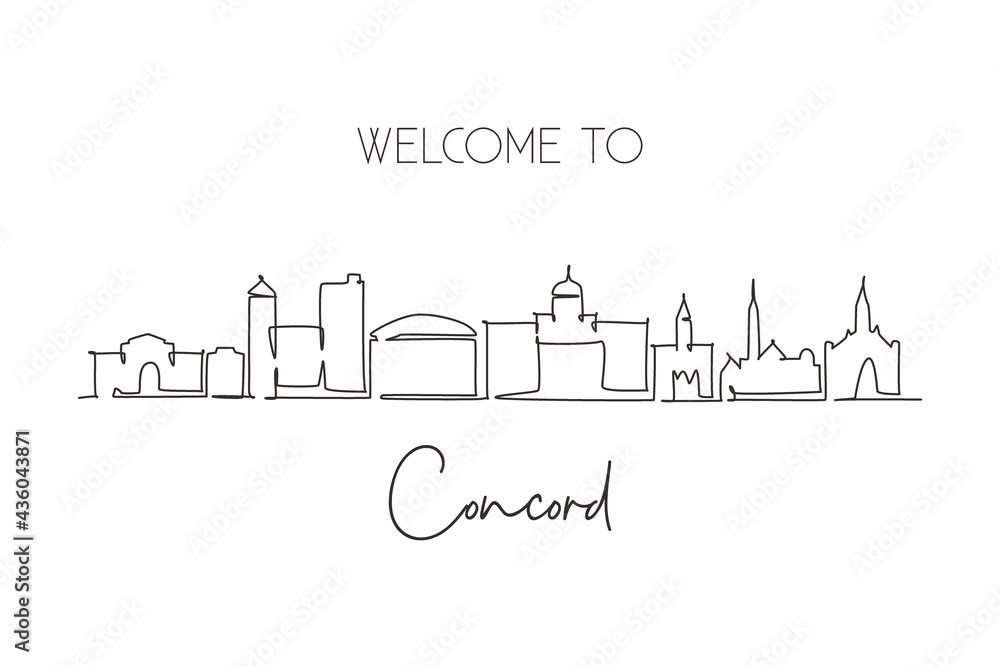 Single continuous line drawing of Concord skyline, New Hampshire. Famous city scraper landscape. World travel home wall decor art poster print concept. Modern one line draw design vector illustration Single continuous line drawing of Concord skyline, New Hampshire. Famous city scraper landscape. World travel home wall decor art poster print concept. Modern one line draw design vector illustration