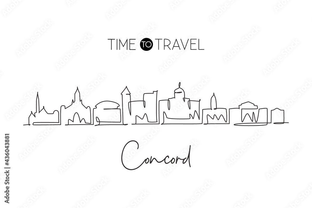 One single line drawing Concord city skyline, New Hampshire. World historical town landscape. Best holiday destination postcard. Editable stroke trendy continuous line draw design vector illustration One single line drawing Concord city skyline, New Hampshire. World historical town landscape. Best holiday destination postcard. Editable stroke trendy continuous line draw design vector illustration