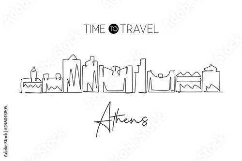 One single line drawing Athens city skyline, Georgia. World historical town landscape. Best holiday destination postcard. Editable stroke trendy continuous line draw design vector graphic illustration