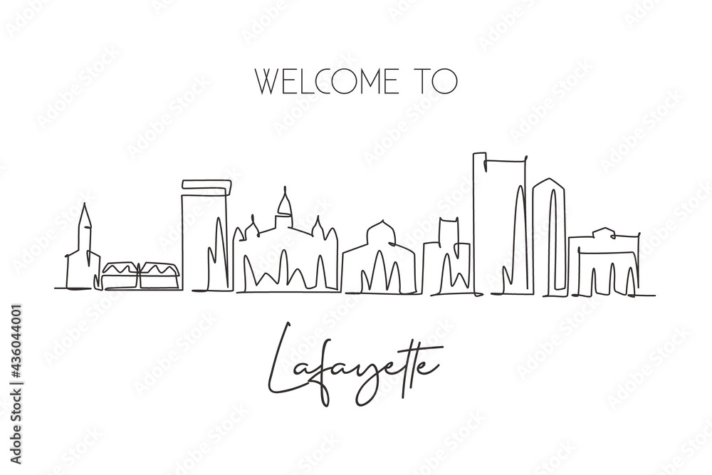 One continuous line drawing of Lafayette city skyline, Louisiana. Beautiful landmark. World landscape tourism travel home wall decor poster print. Stylish single line draw design vector illustration