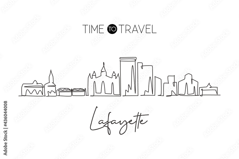 Single continuous line drawing of Lafayette skyline, Louisiana. Famous city scraper landscape. World travel home wall decor art poster print concept. Modern one line draw design vector illustration